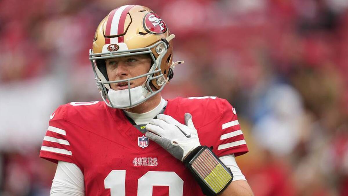  Dec 14, 2025; Santa Clara, California, USA; San Francisco 49ers quarterback Mac Jones (10) warms up prior to the first half against the Tennessee Titans at Levi's Stadium. Mandatory Credit: Cary Edmondson-Imagn Images | Cary Edmondson-Imagn Images 