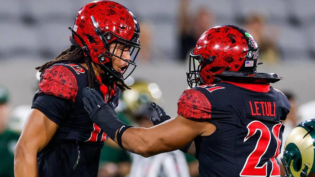  Oct 3, 2025; San Diego, California, USA; San Diego State Aztecs linebacker Owen Chambliss (12) celebrates with safety Max Garrison (22) after a tackle during the first half against the Colorado State Rams at Snapdragon Stadium. Mandatory Credit: David Frerker-Imagn Images | David Frerker-Imagn Images 