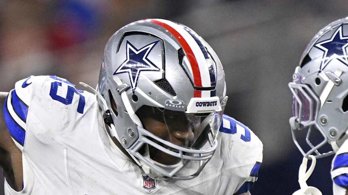  Nov 3, 2025; Arlington, Texas, USA; Dallas Cowboys defensive tackle Kenny Clark (95) celebrates with defensive end Donovan Ezeiruaku (41) after a sack against Arizona Cardinals quarterback Jacoby Brissett (7) in the second half at AT&T Stadium. Mandatory Credit: Jerome Miron-Imagn Images | Jerome Miron-Imagn Images 