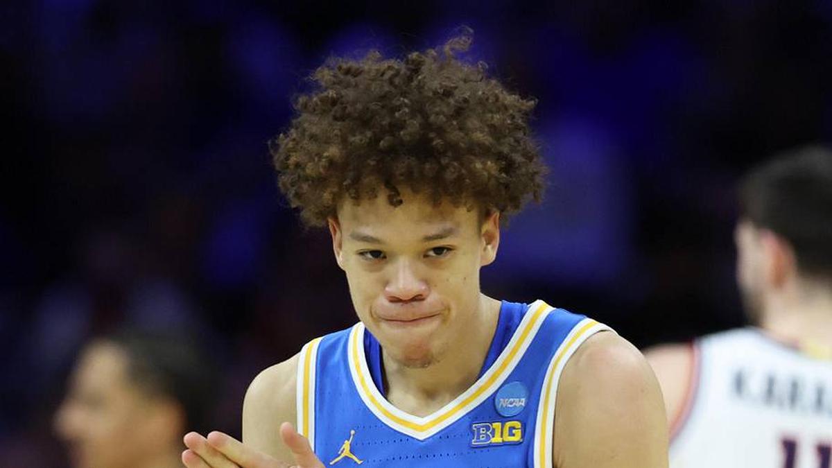  Mar 22, 2026; Philadelphia, PA, USA; UCLA Bruins guard Trent Perry (0) reacts against the UConn Huskies in the first half during a second round game of the men's 2026 NCAA Tournament at Xfinity Mobile Arena. Mandatory Credit: Bill Streicher-Imagn Images | Bill Streicher-Imagn Images 