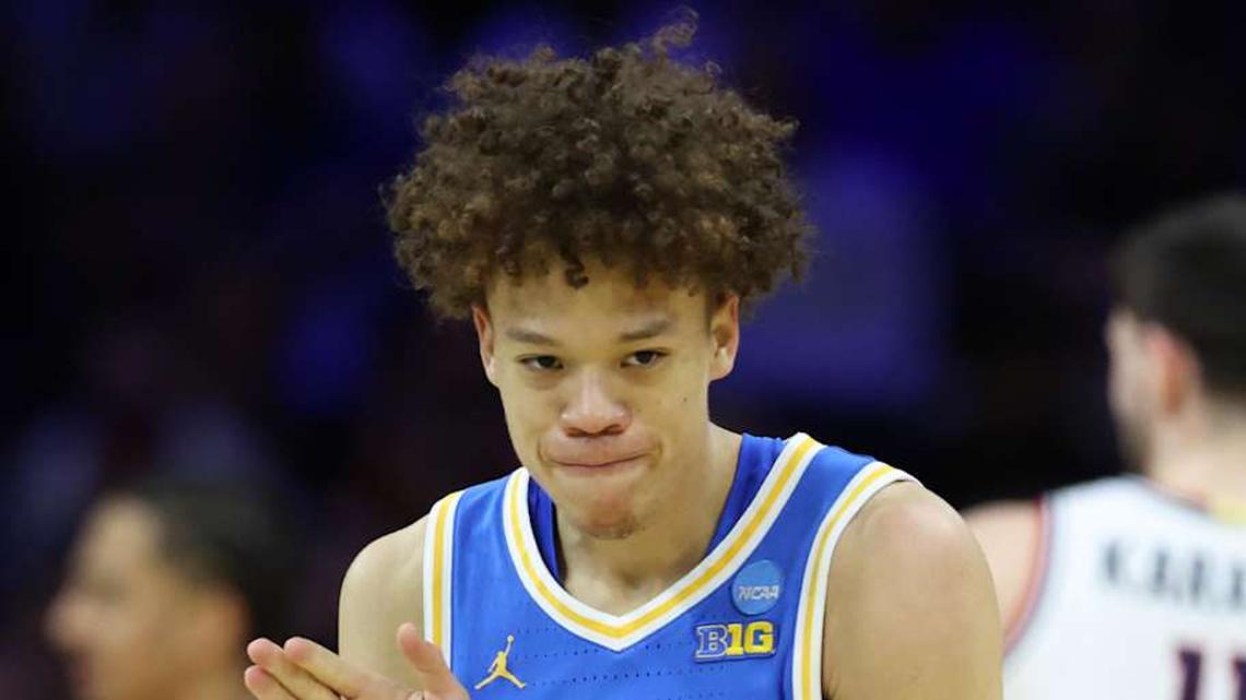  Mar 22, 2026; Philadelphia, PA, USA; UCLA Bruins guard Trent Perry (0) reacts against the UConn Huskies in the first half during a second round game of the men's 2026 NCAA Tournament at Xfinity Mobile Arena. Mandatory Credit: Bill Streicher-Imagn Images | Bill Streicher-Imagn Images 