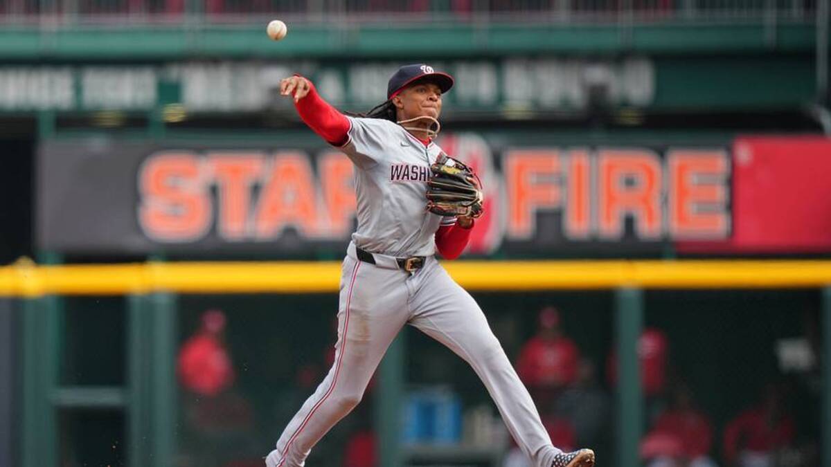  Washington Nationals shortstop CJ Abrams (5) throws to first for an out in the fourth inning of a baseball game against the Cincinnati Reds, Sunday, March 31, 2024, at Great American Ball Park in Cincinnati. | USA TODAY Network via Reuters Connect 