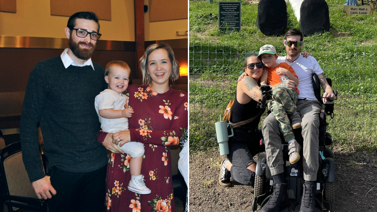 Allie Coultas, her husband Eric and their son Logan before and after Eric's ALS diagnosis. 