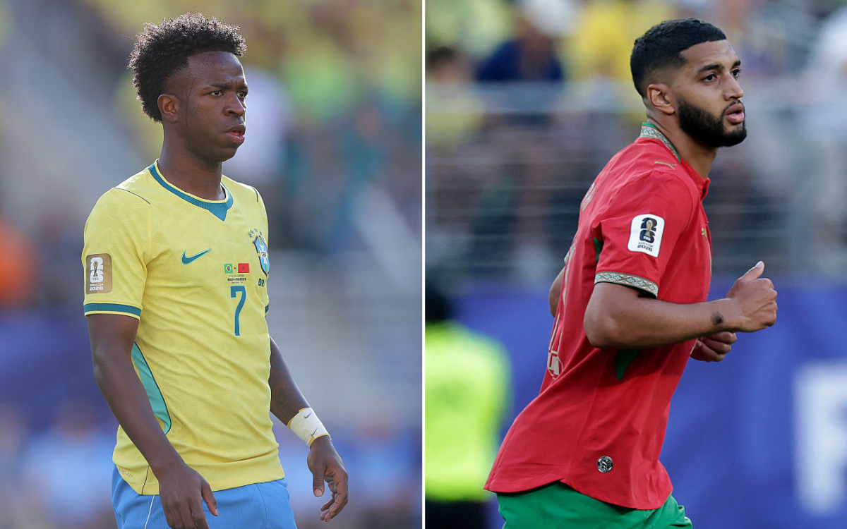  Vinicius Junior of Brazil during the FIFA World Cup 2026 Group C match between Brazil and Morocco at New York New Jersey Stadium on June 13, 2026 in East Rutherford, New Jersey./Ismael Saibari of Morocco during the World Cup match between Brazil v Morocco at the New York/New Jersey Stadium on June 13, 2026 in New York/New Jersey United States 
