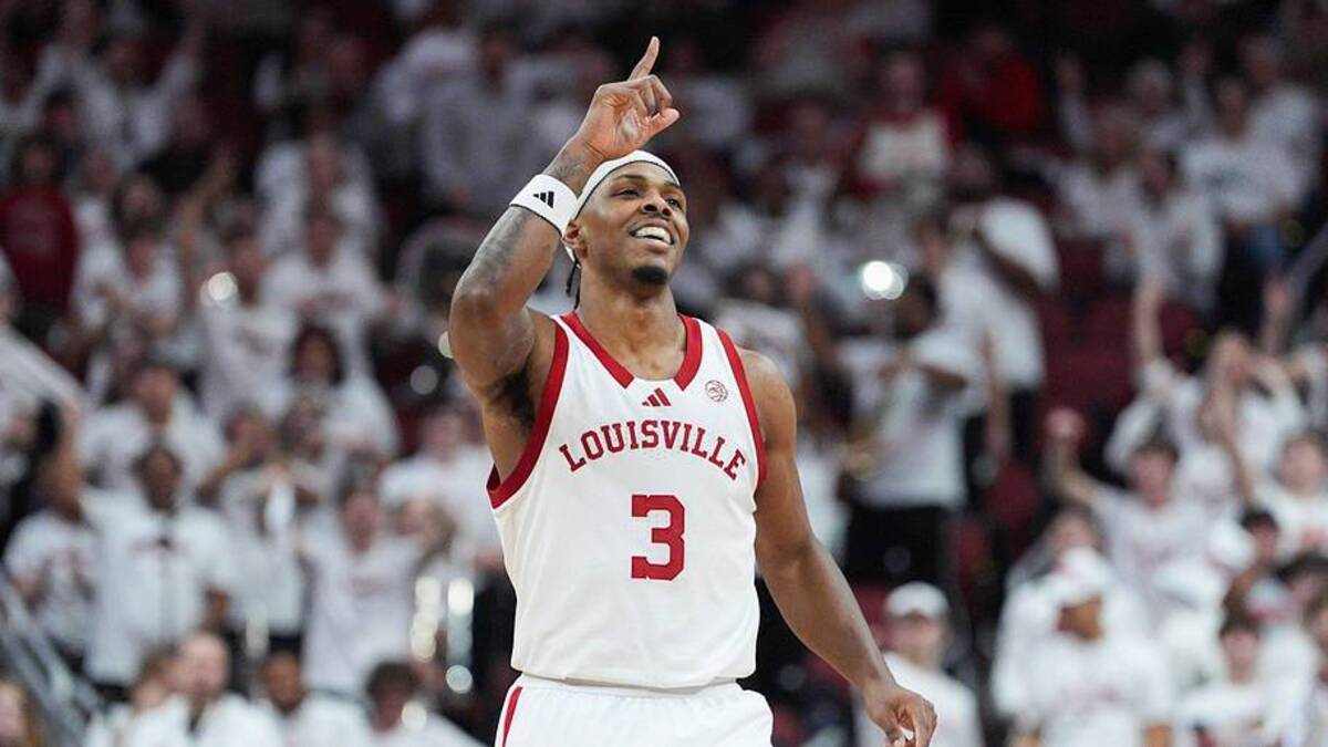  Guard Ryan Conwell celebrates after hitting a 3-pointer for Louisville during a game against N.C. State during a game on Feb. 9, 2026. | USA TODAY Network via Reuters Connect 