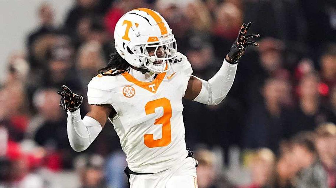  Tennessee defensive back Jermod McCoy (3) celebrates after making a play during a college football game between Tennessee and Georgia at Sanford Stadium in Athens, Ga., on Saturday, November 16, 2024. | Brianna Paciorka/News Sentinel / USA TODAY NETWORK via Imagn Images 