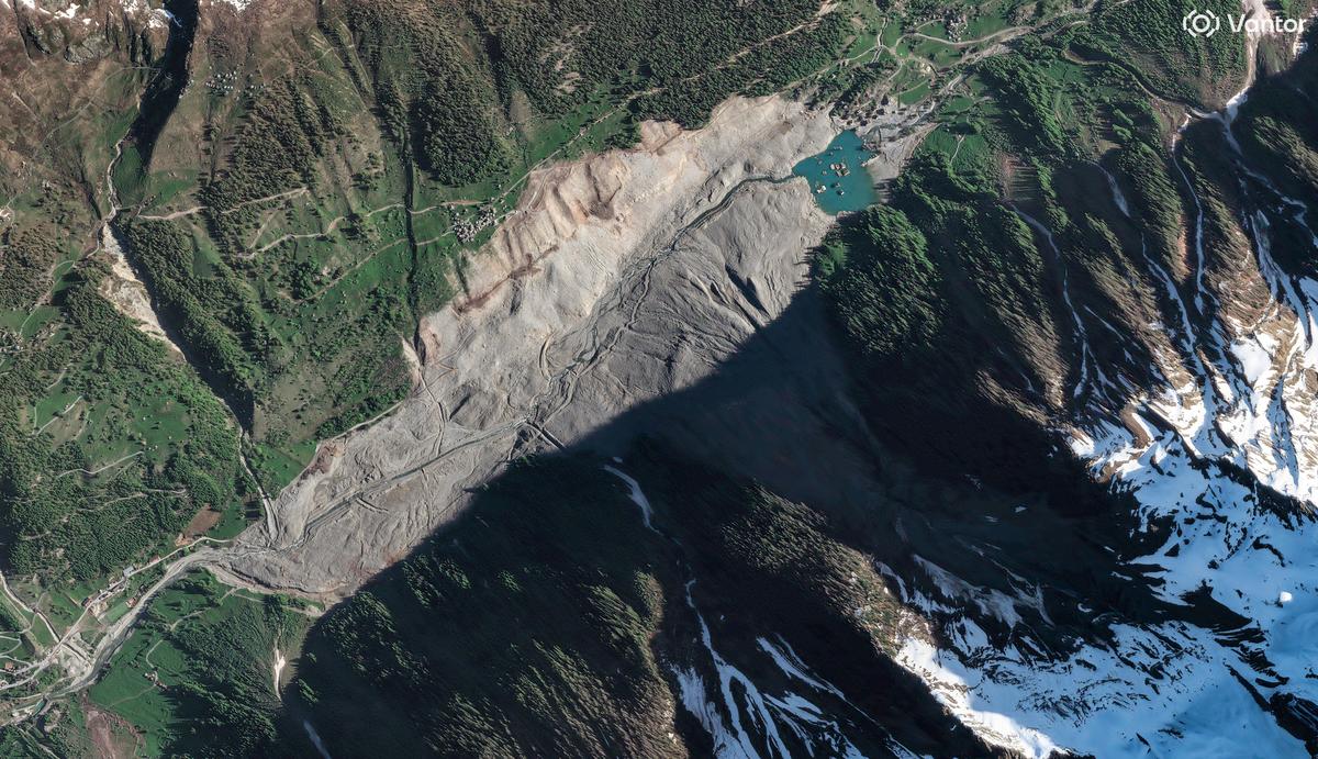 A satellite image shows Blatten, Switzerland, nearly a year after the glacier collapse, May 21, 2026. Vantor/Handout via REUTERS