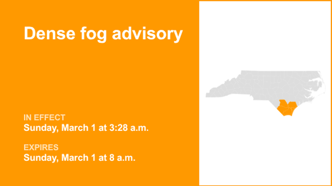 Dense fog advisory affecting Eastern North Carolina until Sunday morning 