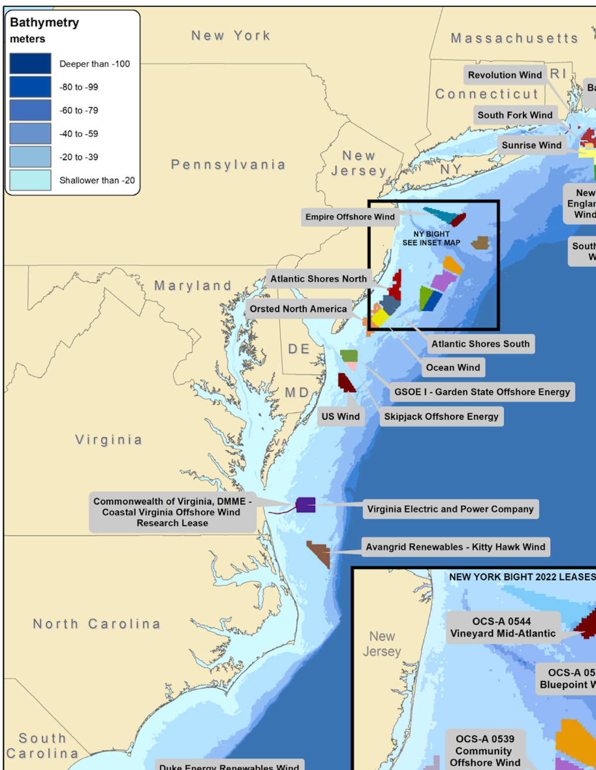  A map of offshore wind lease areas shows how many companies have paid the U.S. to lease areas of ocean for offshore wind farms. A few wind farms off New England are already operating. The lease areas where the Trump administration used taxpayer money to persuade companies to drop their wind farm plans include two TotalEnergies leases – Attentive Energy, off New Jersey, and a lease area off South Carolina – and Bluepoint Wind, also off New Jersey. U.S. Bureau of Ocean Energy Management 