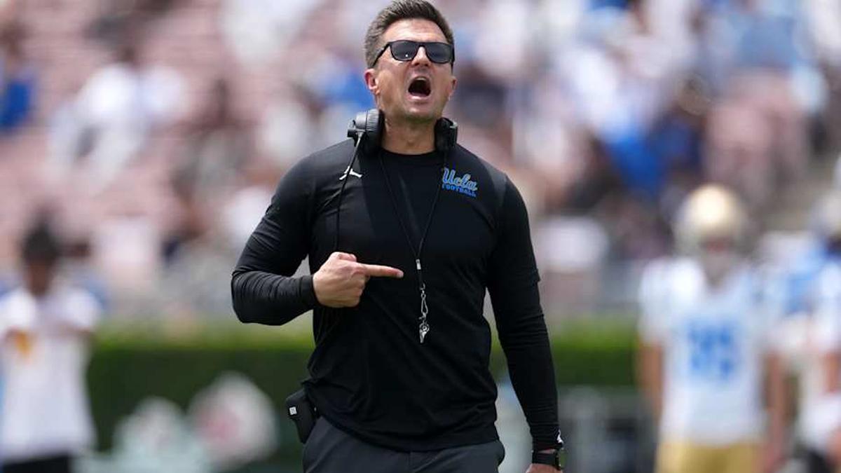  May 2, 2026; Pasadena, CA, USA; UCLA Bruins coach Bob Chesney reacts during the spring game at Rose Bowl. Mandatory Credit: Kirby Lee-Imagn Images | Kirby Lee-Imagn Images 