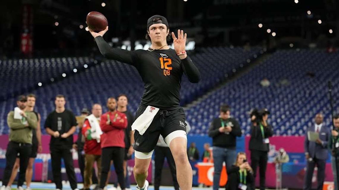  Feb 28, 2026; Indianapolis, IN, USA; Texas Tech quarterback Behren Morton (QB12) during the NFL Scouting Combine at Lucas Oil Stadium. Mandatory Credit: Kirby Lee-Imagn Images | Kirby Lee-Imagn Images 