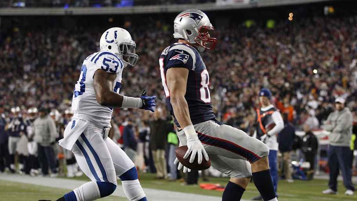 Nov 18, 2012; Foxborough, MA, USA; New England Patriots tight end Rob Gronkowski (87) reacts after his touchdown against the Indianapolis Colts during the first quarter at Gillette Stadium. The Patriots defeated the Indianapolis Colts 59-24. Mandatory Credit: David Butler II-Imagn Images | David Butler II-Imagn Images 