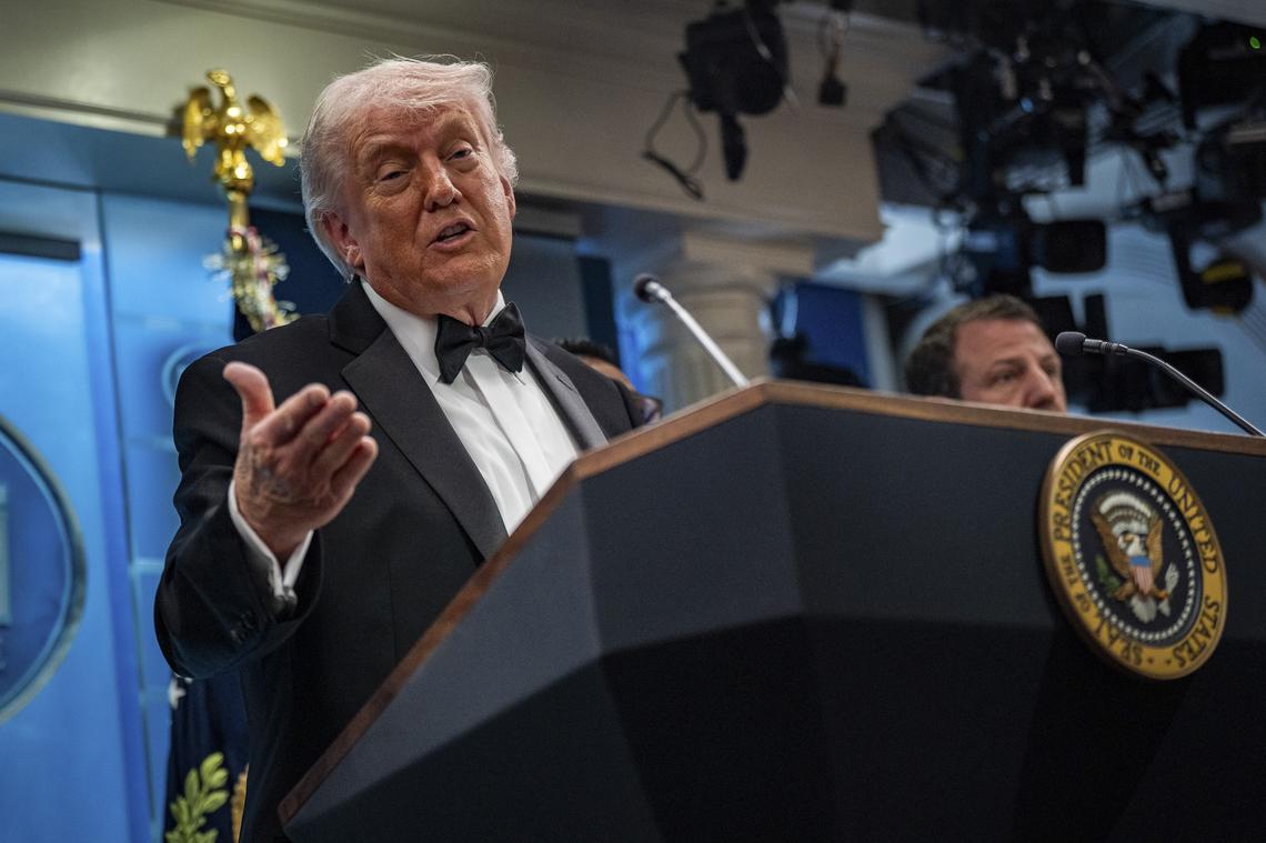 President Donald Trump briefs reporters at the White House after shots were fired during the White House Correspondents' Association dinner at the Washington Hilton in Washington, April 25, 2026. Todd Blanche, the acting attorney general, said President Trump was "likely" a target, along with other members of the administration. But he cautioned that the investigation was in its early stages. (Salwan Georges/The New York Times)