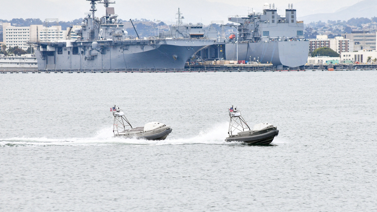 FILE PHOTO: Global autonomous reconnaissance craft (GARC) from Unmanned Surface Vessel Squadron (USVRON) 3 operate remotely ahead of the unit's establishment ceremony at Naval Base Coronado in San Diego, California, U.S. May 15, 2024.  U.S. Navy/Mass Communication Specialist 1st Class Claire M. DuBois/Handout via REUTERS/File Photo