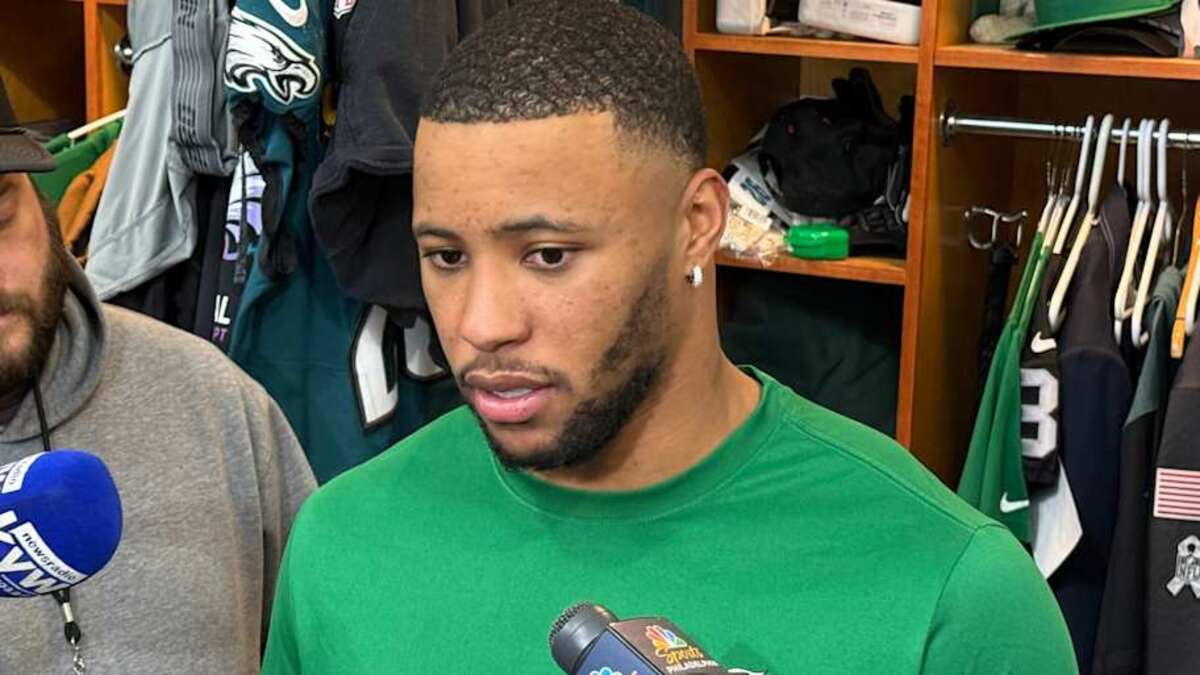  Running back Saquon Barkley answers reporters' questions in the days leading up to the Eagles' home playoff game against the San Francisco 49ers. | Ed Kracz/Eagles on SI 