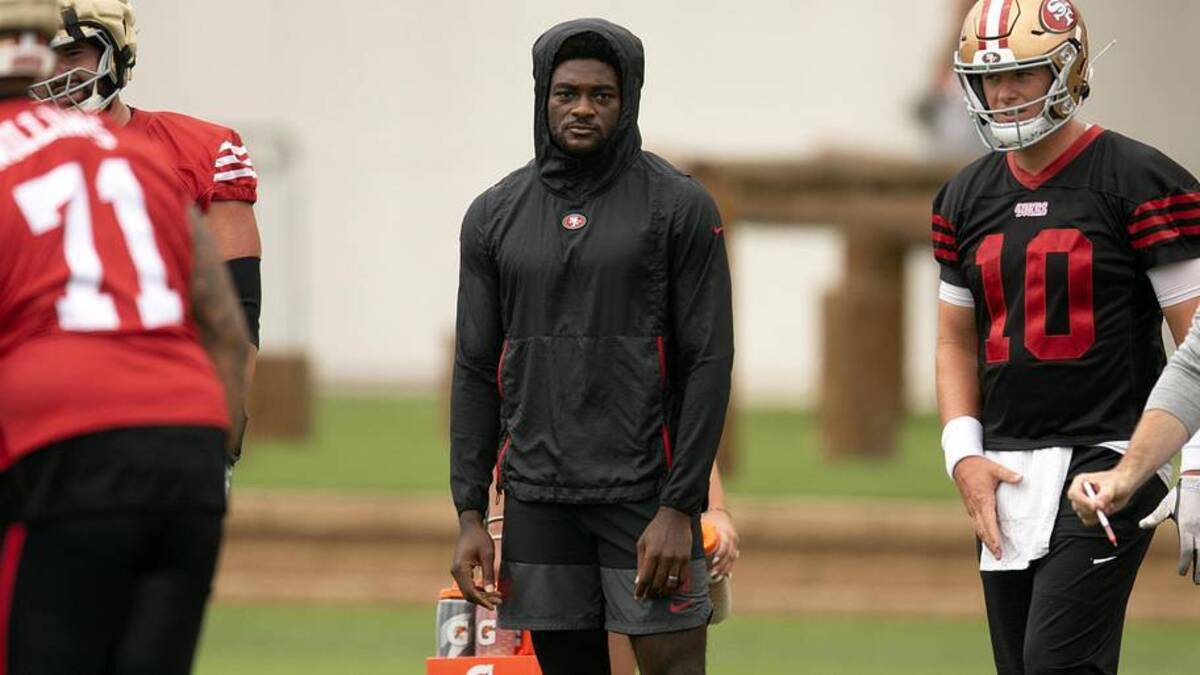  Jul 24, 2025; Santa Clara, CA, USA; San Francisco 49ers wide receiver Brandon Aiyuk (in black hoodie) watches his teammates work out during the second day of training camp. Mandatory Credit: D. Ross Cameron-Imagn Images | D. Ross Cameron-Imagn Images 