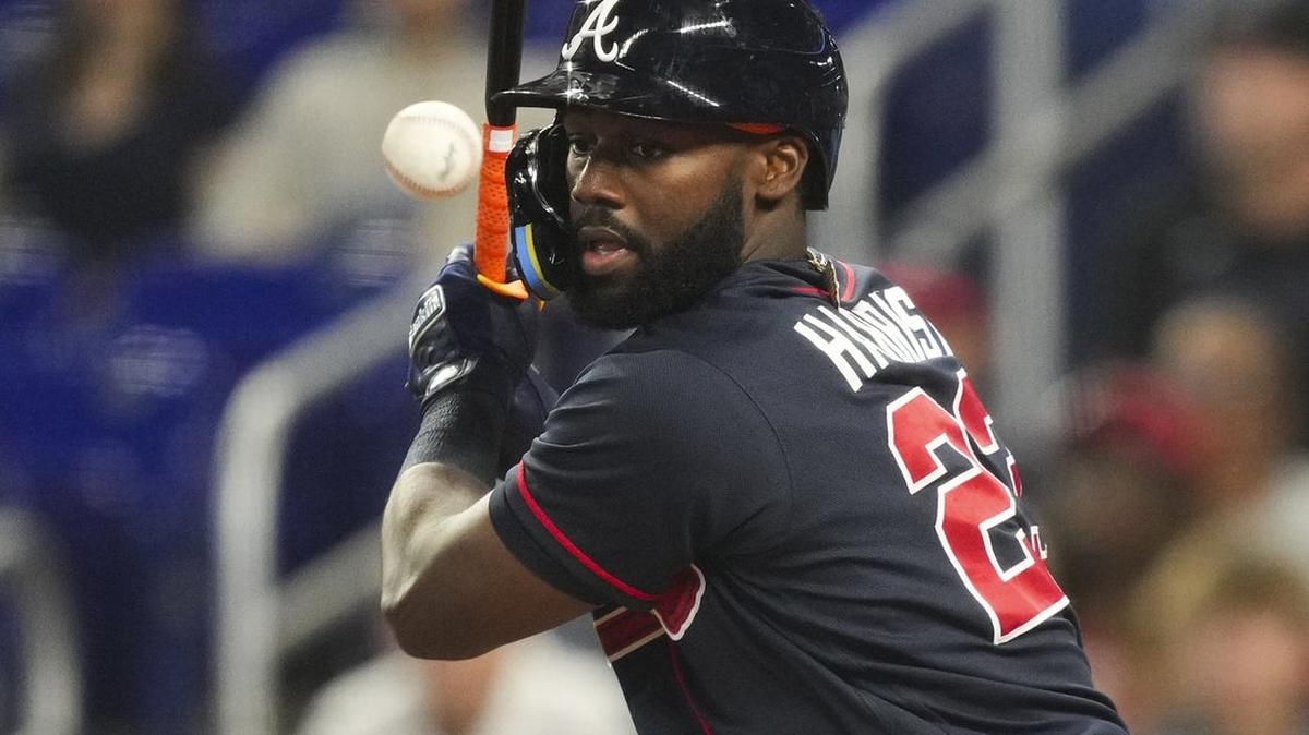 
                 May 20, 2026; Miami, Florida, USA;  Atlanta Braves center fielder Michael Harris II (23) grounds out to the catcher in the first inning against the Miami Marlins at loanDepot Park. Mandatory Credit: Jim Rassol-Imagn Images 
              