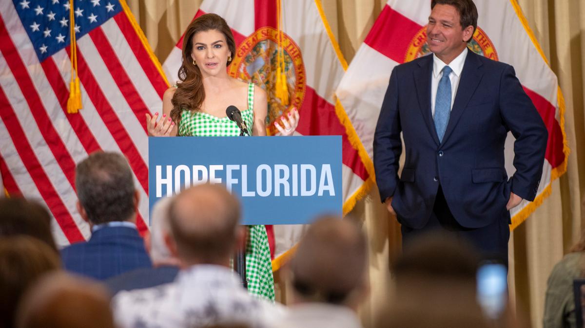First lady Casey DeSantis speaks alongside Florida Gov. Ron DeSantis during a news conferance on July 29, 2024, in Tampa.