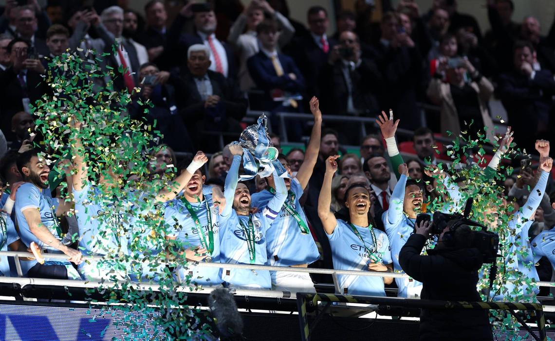  Bernardo Silva of Manchester City lifts the Carabao Cup trophy after the team's victory in the Carabao Cup Final match between Arsenal and Manchester City at Wembley Stadium on March 22, 2026 in London, England. (Photo by Justin Setterfield/Getty Images) Photo by Justin Setterfield/Getty Images