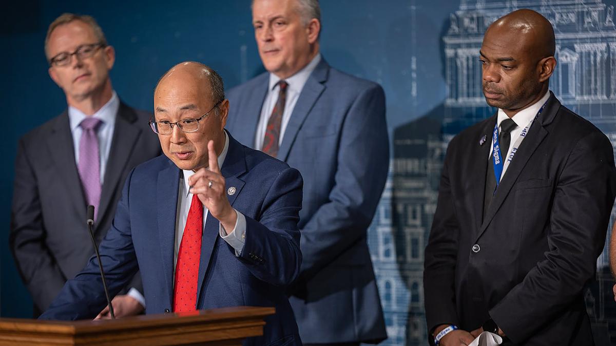 Ramsey County Attorney John Choi and other criminal justice reform advocates hold a news conference at the State Capitol in St. Paul, Minnesota, on Thursday, May 7, 2026, to urge lawmakers to pass funding for a statewide program aimed at reducing nonfatal shootings. (Elizabeth Flores/The Minnesota Star Tribune/TNS)