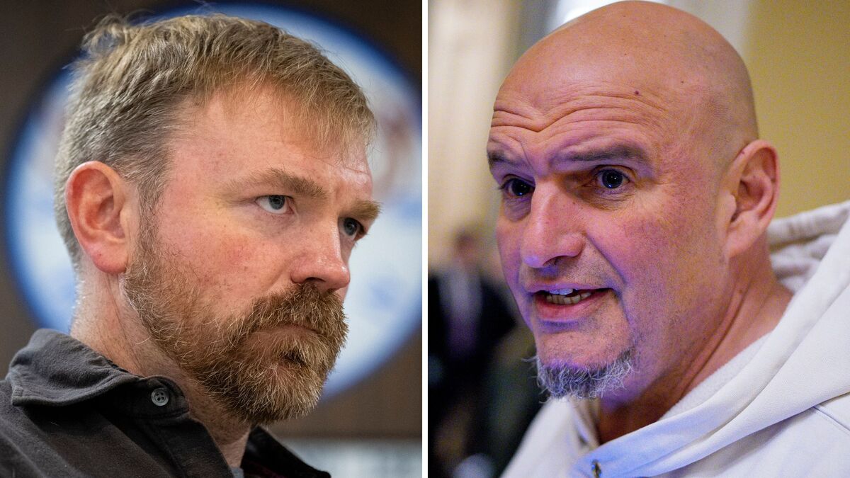 fetterman-platner. Senate candidate from Maine Graham Platner (left) during a campaign event on May 1; U.S. Senator John Fetterman (right) on November 10, 2025 on Capitol Hill in Washington, DC. 