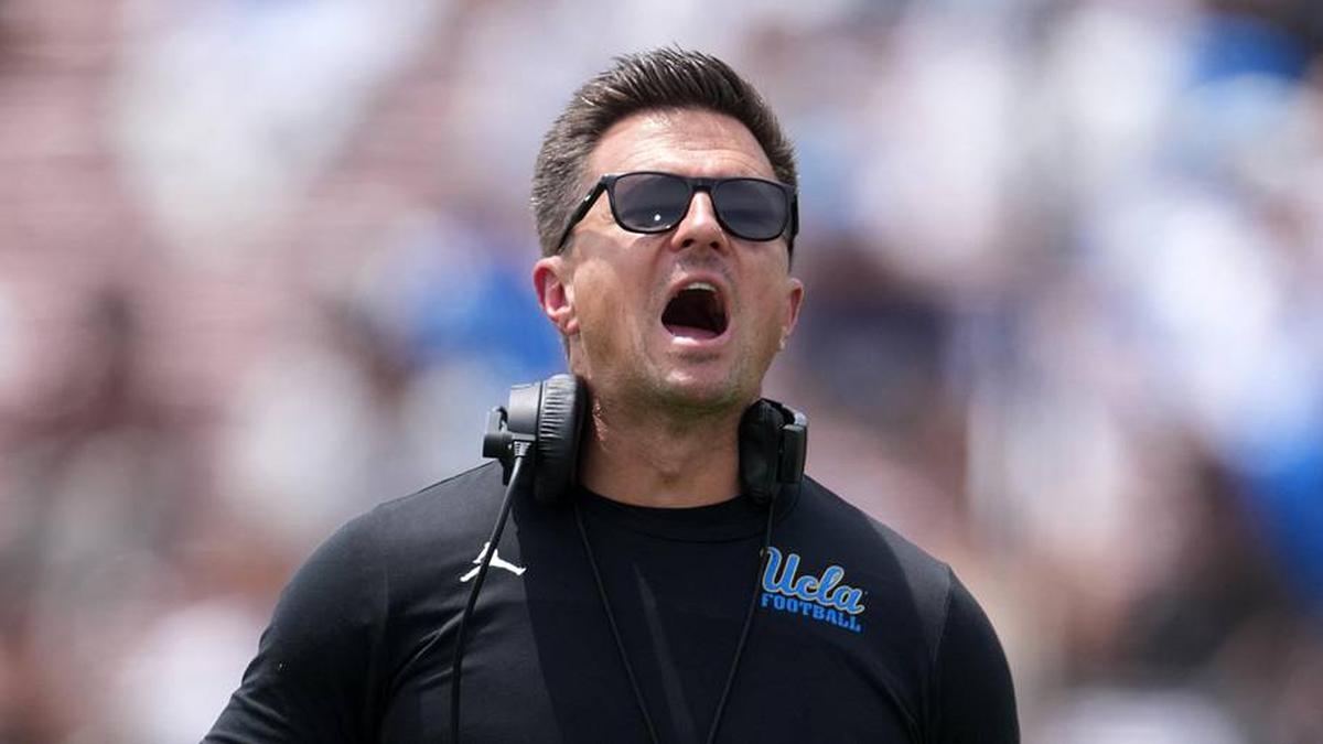  May 2, 2026; Pasadena, CA, USA; UCLA Bruins coach Bob Chesney reacts during the spring game at Rose Bowl. Mandatory Credit: Kirby Lee-Imagn Images | Kirby Lee-Imagn Images 