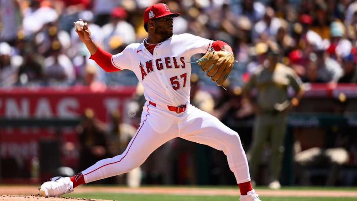  Apr 19, 2026; Anaheim, California, USA; Los Angeles Angels pitcher Walbert Urena (57) delivers during the first inning against the San Diego Padres at Angel Stadium. | William Liang-Imagn Images 