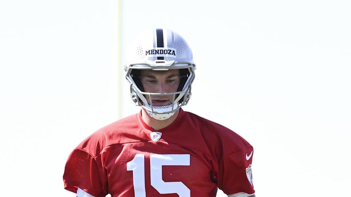  May 2, 2026; Henderson, NV, USA; Las Vegas Raiders quarterback Fernando Mendoza (15) warms up during a Rookie Minicamp at Intermountain Health Performance Center. Mandatory Credit: Candice Ward-Imagn Images | Candice Ward-Imagn Images 