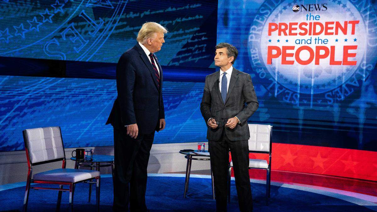President Donald Trump and George Stephanopoulos talk before the start of an ABC News Town Hall event in Philadelphia in 2020. Stephanopoulos and ABC News published a statement saying they “regret” remarks made about Trump in March 2024.