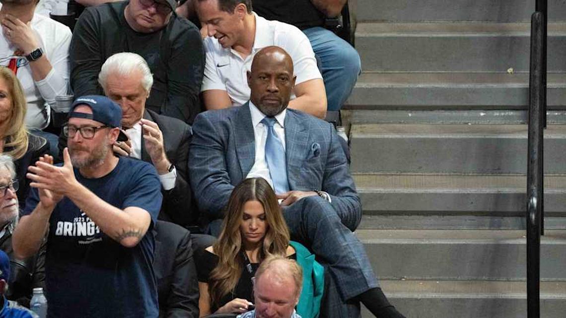  June 1, 2023; Denver, CO, USA; Miami Heat vice president of player programs and development Alonzo Mourning during the fourth quarter in game one of the 2023 NBA Finals against the Denver Nuggets at Ball Arena. Mandatory Credit: Kyle Terada-Imagn Images | Kyle Terada-Imagn Images 