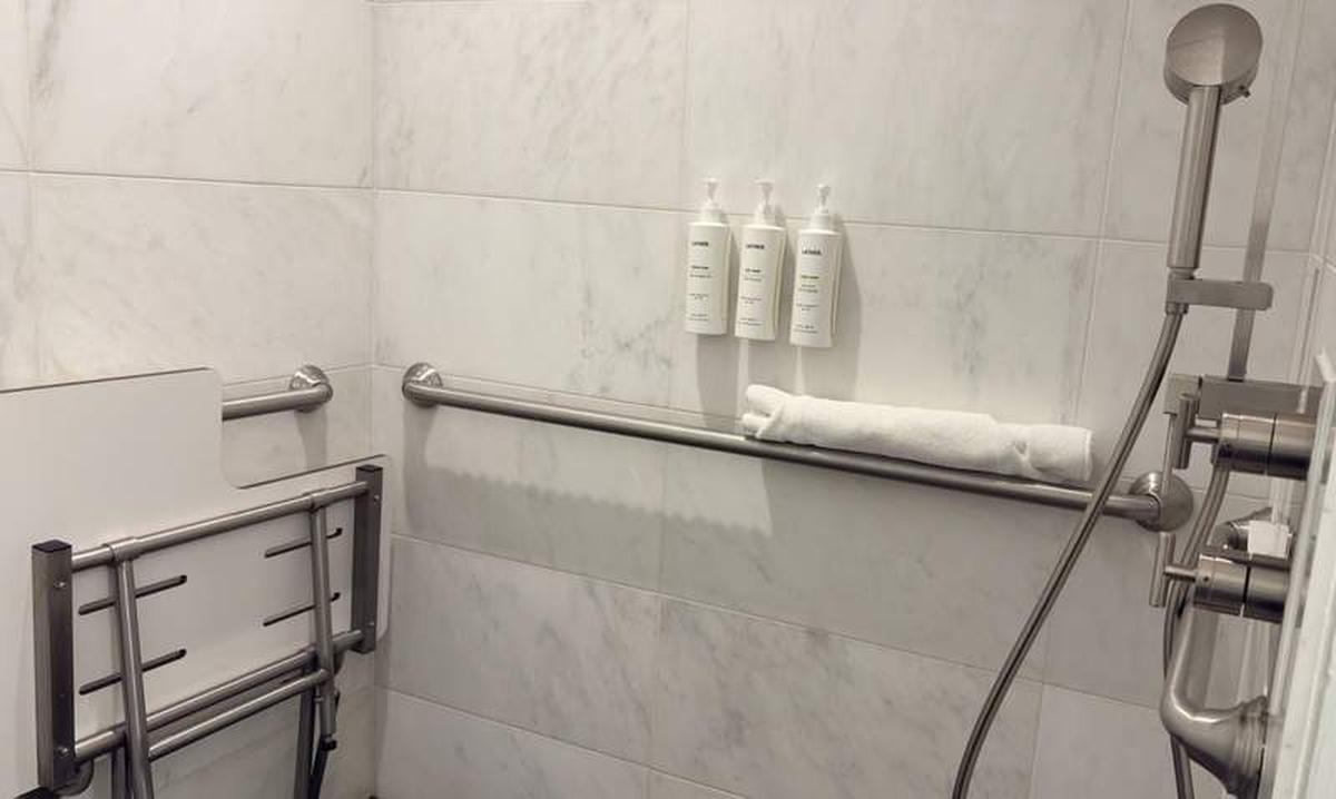  The room at The Art Hotel met my disability needs. The shower had a built-in seat and plenty of hand rails for me to grab. Photo credit: Marcia Frost 