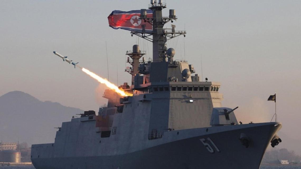 A test-fire of strategic cruise missiles and anti-warship missiles from the destroyer Choe Hyon in North Korea, 12 April 2026 (issued 14 April 2026). File. Photo by KCNA / EPA