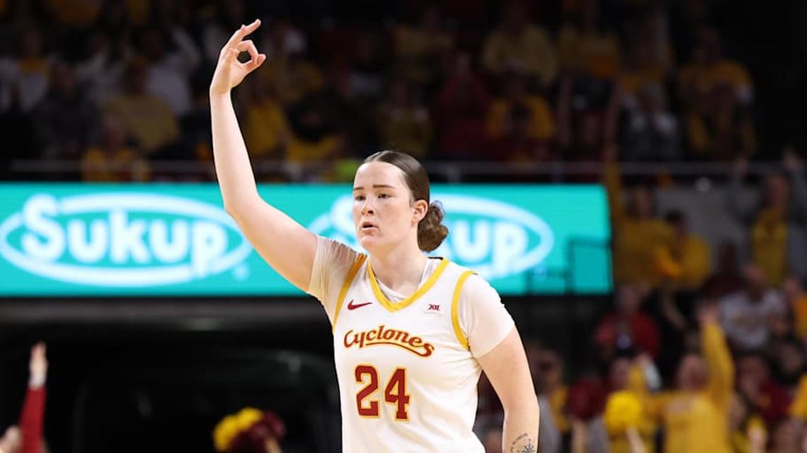  Feb 25, 2026; Ames, Iowa, USA; Iowa State Cyclones forward Addy Brown (24) celebrates after a basket against the Oklahoma State Cowboys in the first half at James H. Hilton Coliseum. Mandatory Credit: Reese Strickland-Imagn Images | Reese Strickland-Imagn Images 