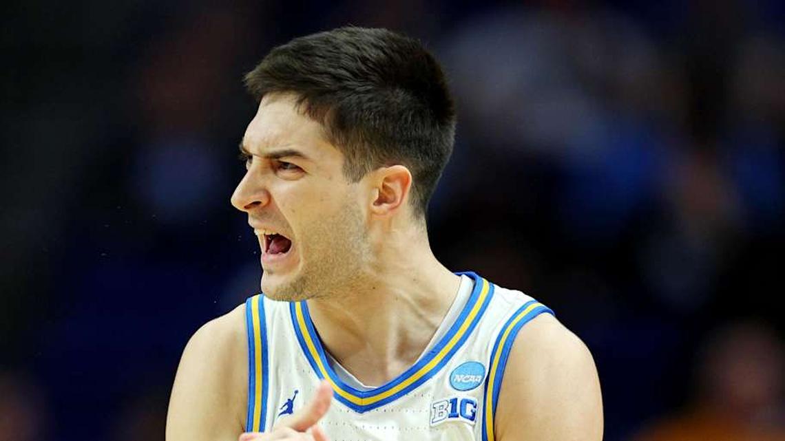 Mar 20, 2025; Lexington, KY, USA; UCLA Bruins guard Lazar Stefanovic (10) celebrates after a play during the first half against the Utah State Aggies in the first round of the NCAA Tournament at Rupp Arena. Mandatory Credit: Jordan Prather-Imagn Images | Jordan Prather-Imagn Images 