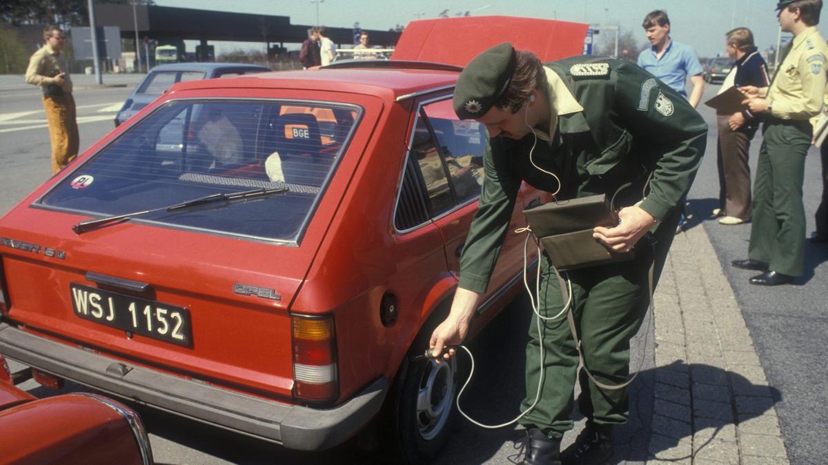A German security guard checks for radiation after the Chernobyl accident in April 1986. 