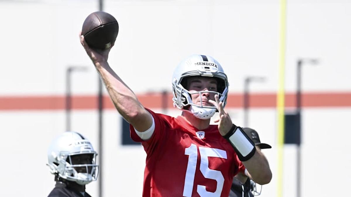  May 2, 2026; Henderson, NV, USA; Las Vegas Raiders quarterback Fernando Mendoza (15) runs through a drill during a Rookie Minicamp at Intermountain Health Performance Center. Mandatory Credit: Candice Ward-Imagn Images | Candice Ward-Imagn Images 
