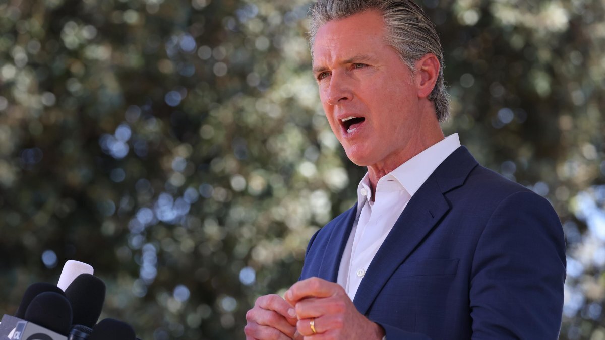 California Gov. Gavin Newsom holds a media availability in Los Angeles on July 16. On Monday, he accused the Trump administration of targeting him unfairly in a probe. File Photo by Jonathan Alcorn/UPI