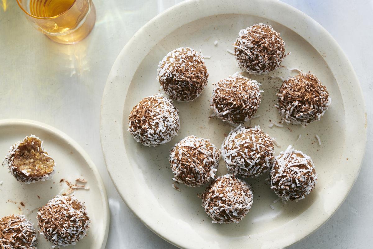Spiced walnut truffles. This nutty, Greek-inspired take on truffles combines ground walnuts, coconut, cinnamon and cloves for a not-too-sweet result. Food styled by Hadas Smirnoff. (David Malosh/The New York Times)