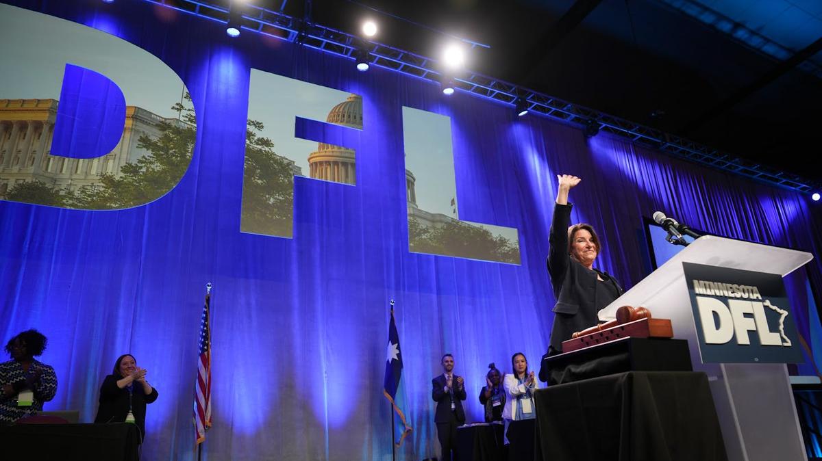 U.S. Sen. Amy Klobuchar speaks to delegates after they endorsed her for a fourth term in the U.S. Senate on the first day of the DFL convention on May 31, 2024, in Duluth, Minnesota. (Glen Stubbe/The Minnesota Star Tribune/TNS)