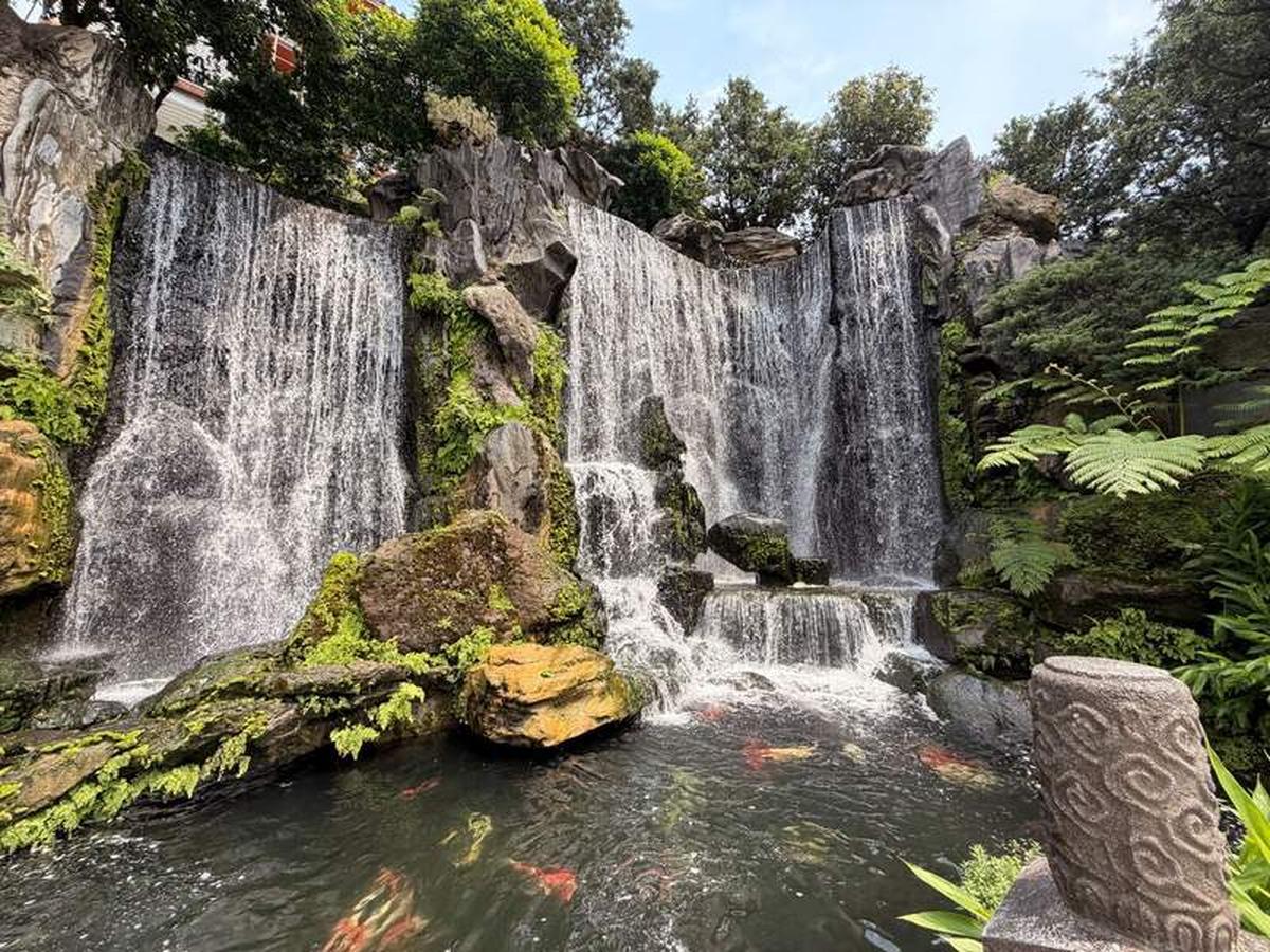  The beautiful waterfall and koi pond at the Longshan Temple. Photo credit: Marguerite "Peggy Cleveland 
