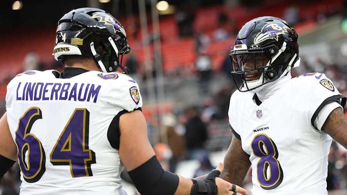  Nov 16, 2025; Cleveland, Ohio, USA; Baltimore Ravens quarterback Lamar Jackson (8) warms-up with center Tyler Linderbaum (64) prior to a game against the Cleveland Browns at Huntington Bank Field. Mandatory Credit: Scott Galvin-Imagn Images | Scott Galvin-Imagn Images 