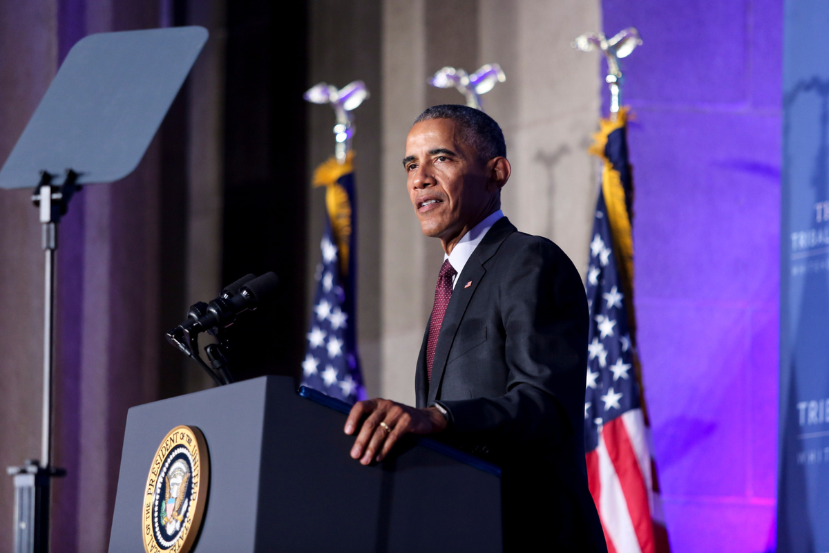  U.S. President Barack Obama speaks at the 2016 White House Tribal Nations Conference at the Andrew W. Mellon Auditorium on September 26, 2016. 
