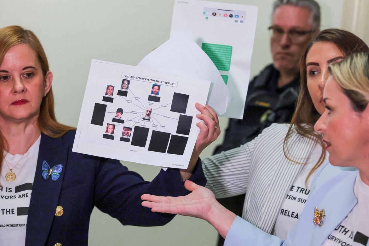 Survivors of Jeffrey Epstein Liz Stein, Danielle Bensky and Marina Lacerda display documents to the media on the day of a House Oversight and Government Reform Committee interview as part of the committee's ongoing probe into the Justice Department's handling of the Jeffrey Epstein files, on Capitol Hill in Washington, D.C., U.S., May 29, 2026.  REUTERS/Jonathan Ernst