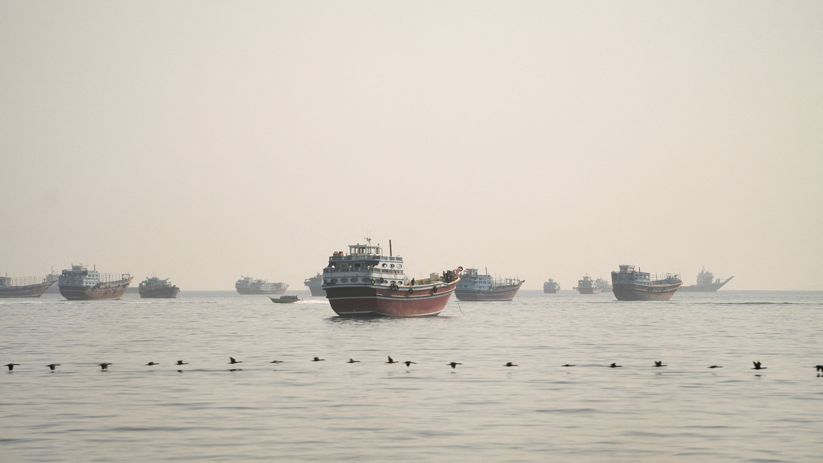 Vessels are anchored in the Strait of Hormuz, as seen from Musandam, Oman, June 10, 2026. REUTERS/Stringer
