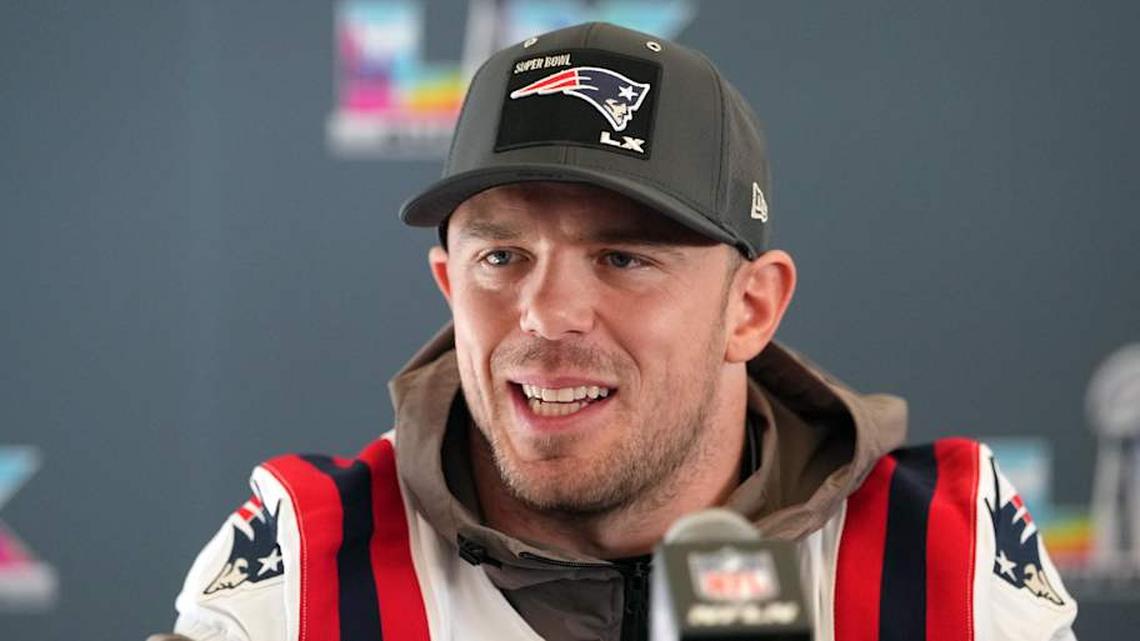  Feb 5, 2026; Santa Clara, CA, USA; New England Patriots linebacker Robert Spillane (14) talks to media members at the Santa Clara Marriott. Mandatory Credit: Darren Yamashita-Imagn Images | Darren Yamashita-Imagn Images 