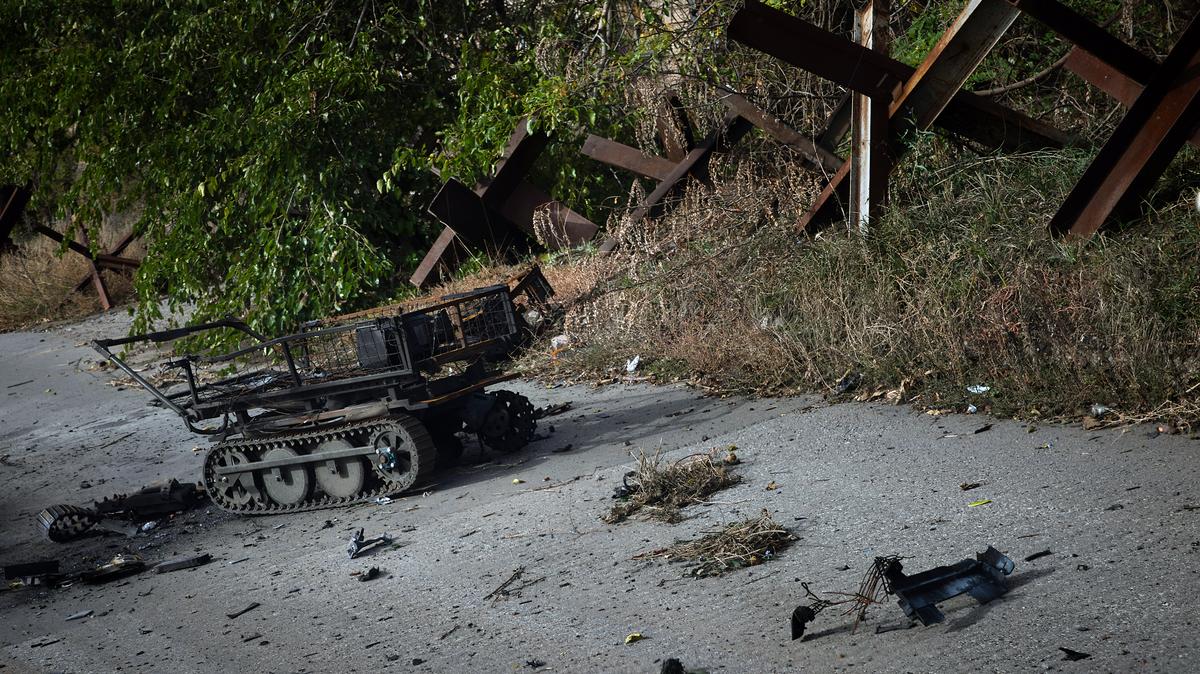 A Ukrainian unmanned ground vehicle that was destroyed by a Russian drone in the besieged city of Kostiantynivka, in eastern Ukraine, on Oct. 12, 2025. Ukraine is using unmanned ground vehicles armed with bombs, guns or rockets to carry out attacks and keep its soldiers out of harm's way.