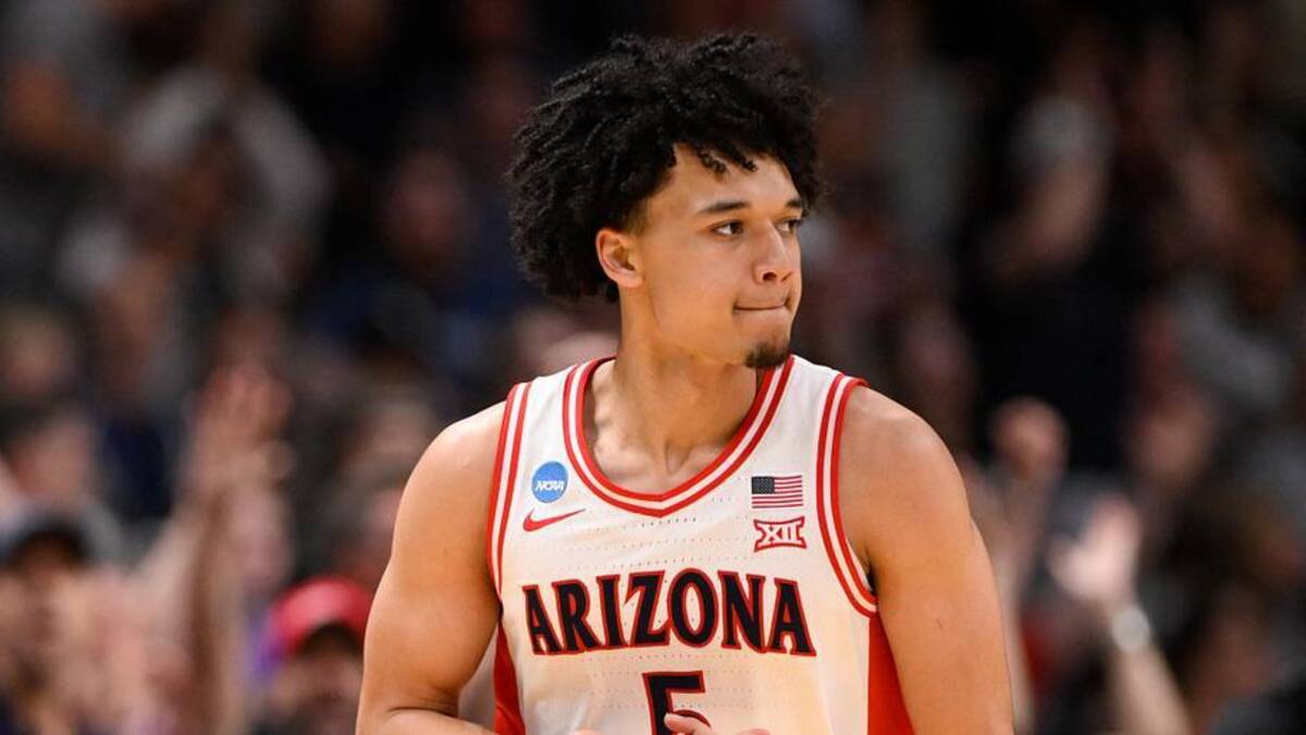  Mar 28, 2026; San Jose, CA, USA; Arizona Wildcats guard Brayden Burries (5) celebrates after a three-point basket against the Purdue Boilermakers in the second half during an Elite Eight game of the West Regional of the men's 2026 NCAA Tournament at SAP Center. | Eakin Howard-Imagn Images 