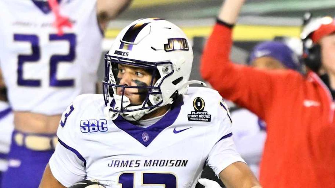  Dec 20, 2025; Eugene, OR, USA; James Madison Dukes wide receiver Landon Ellis (13) runs after making a catch during the first quarter against the Oregon Ducks at Autzen Stadium. Mandatory Credit: Craig Strobeck-Imagn Images | Craig Strobeck-Imagn Images 