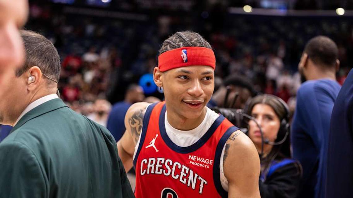  Apr 7, 2026; New Orleans, Louisiana, USA; New Orleans Pelicans guard Jeremiah Fears (0) walks off the court after the win against the Utah Jazz at Smoothie King Center. Mandatory Credit: Stephen Lew-Imagn Images | Stephen Lew-Imagn Images 