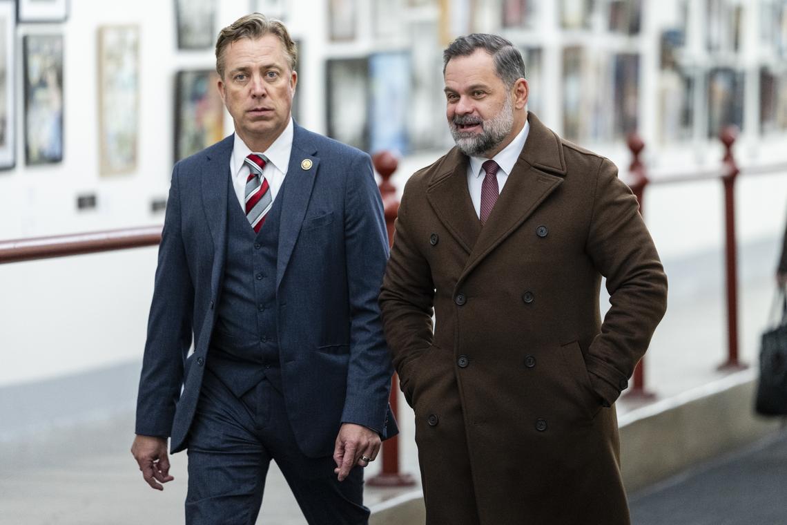 FILE -- From left, Rep. Andrew Ogles (R-Tenn.) and Rep. Cory Mills (R-Fla.) before a vote at the U.S. Capitol in Washington, Dec. 10, 2025. Weighed down by President Trump's approval ratings, some Republican incumbents are struggling to raise money while Democrats look for targets like a Tennessee seat south of Nashville. (Eric Lee/The New York Times)